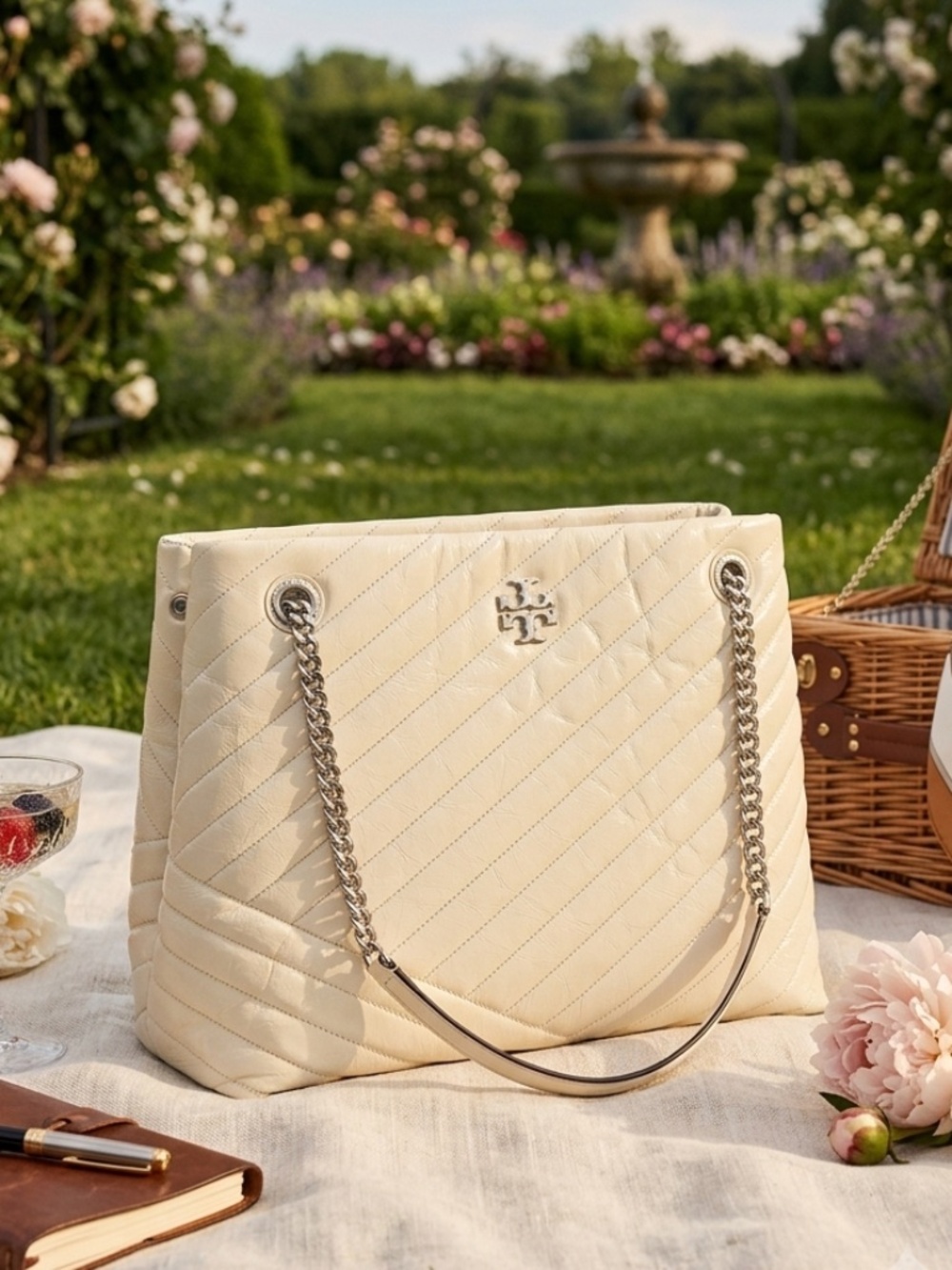 NEW Tory Burch Kira Chevron Ivory Textured Leather Large Shopper Tote Bag